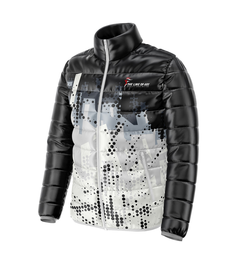 Sublimated Puffer Jackets For Men In Black Color Printed Design Winter Jackets