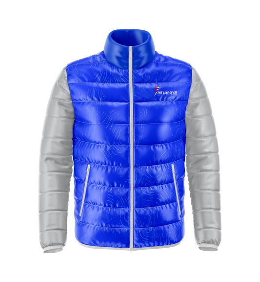 Casual Wear Puffer Jackets For Men Blue Color With Printed Sticker Windproof Jackets