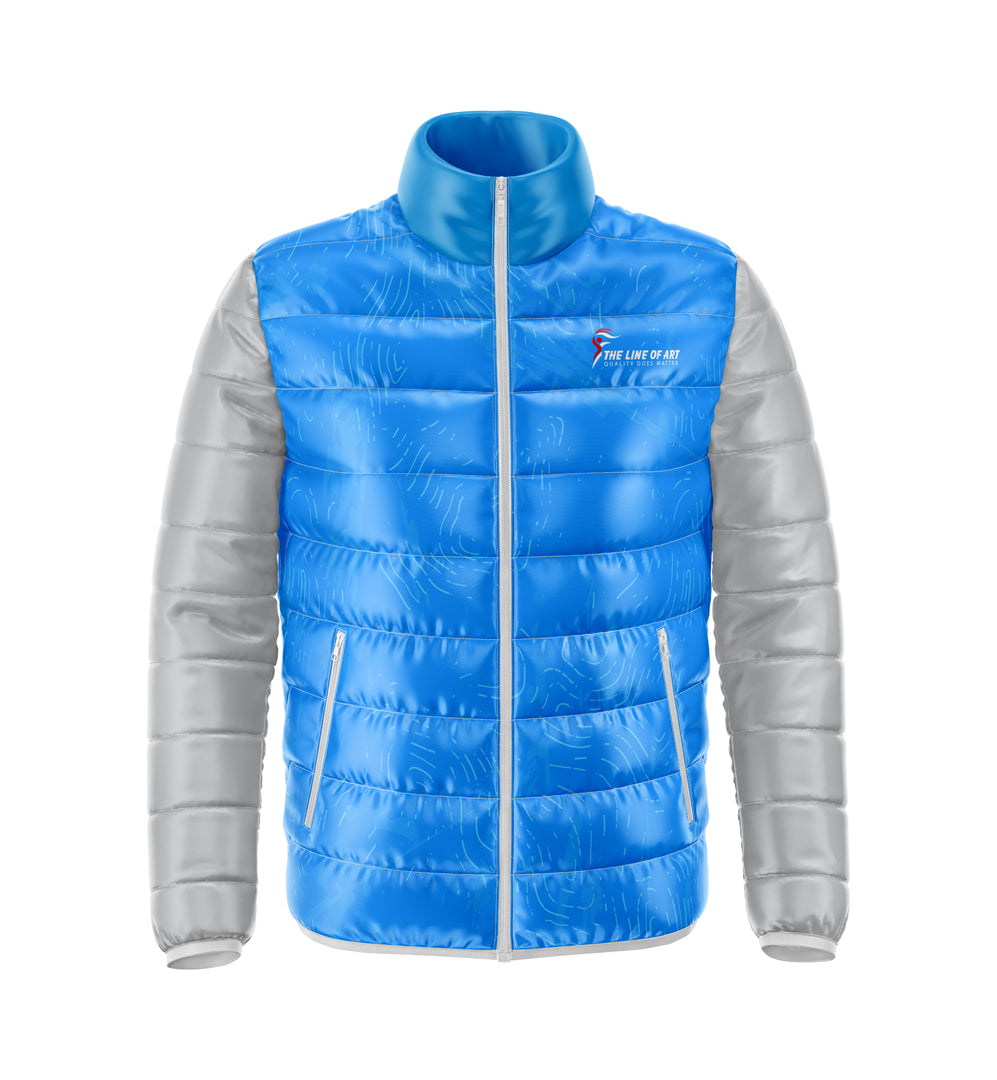 Casual Wear Puffer Jackets For Men Blue Color With Printed Sticker Windproof Jackets